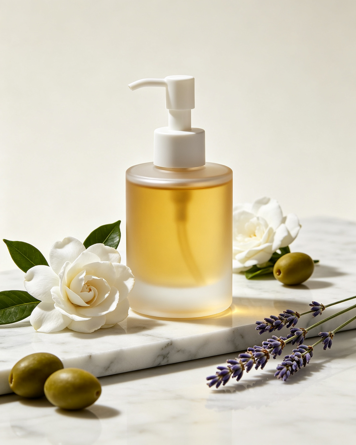 Camellia cleansing oil pump bottle with camellia flowers, olives and lavender on marble