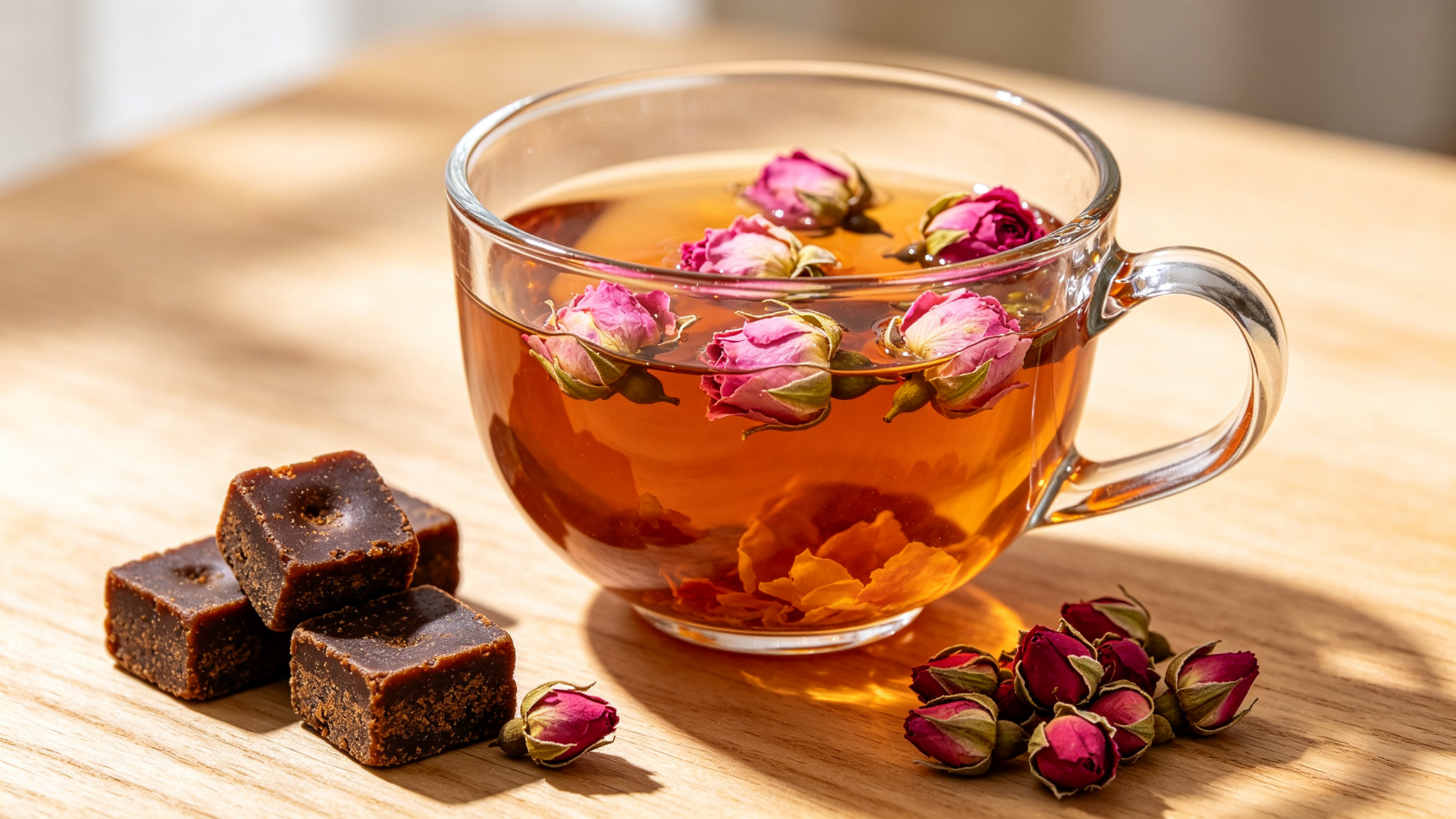 Rose and brown sugar tea in glass cup with dried rose petals and brown sugar cubes on wooden table