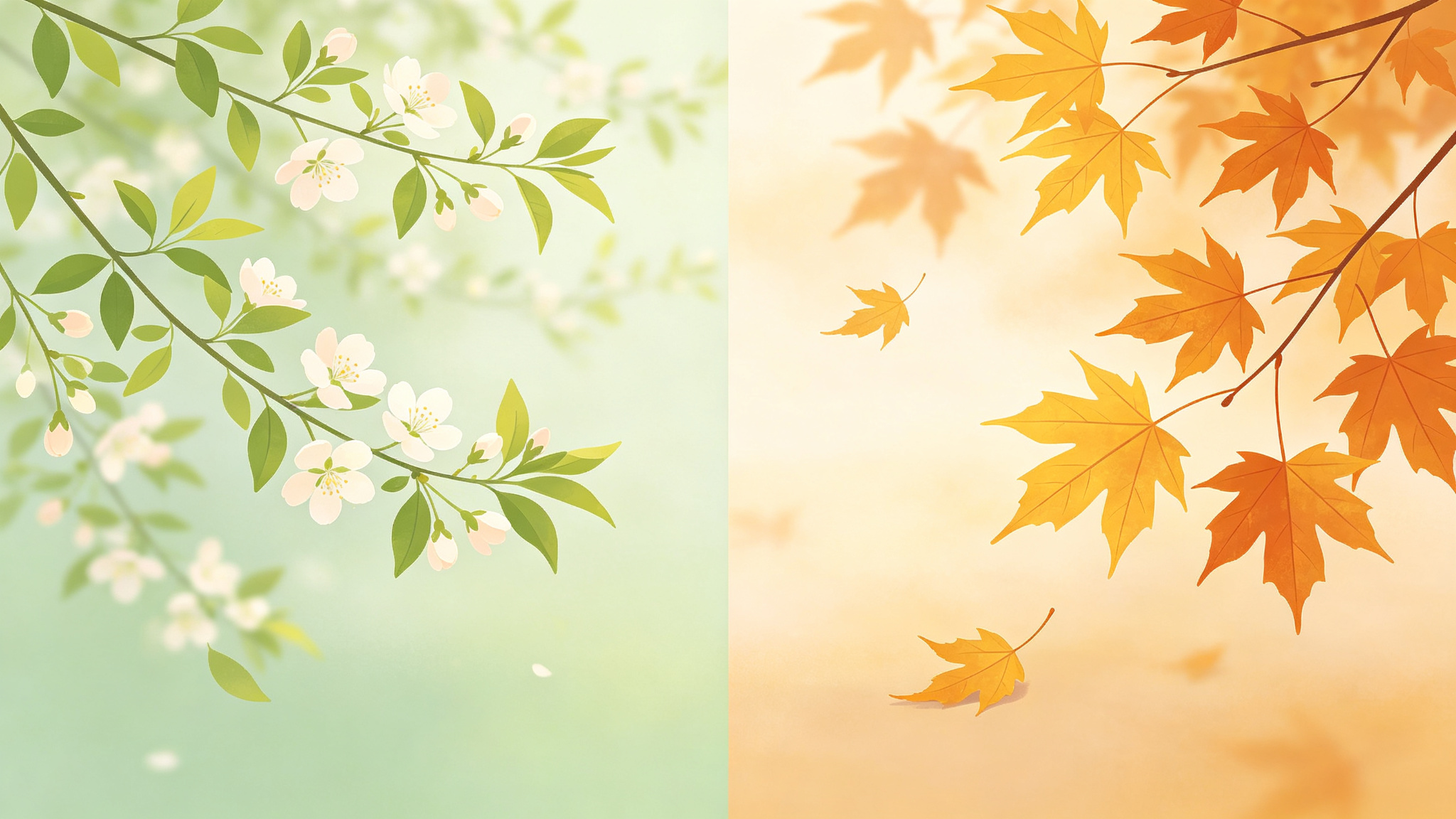 Split illustration of fresh spring blossoms on the left and golden autumn maple leaves on the right