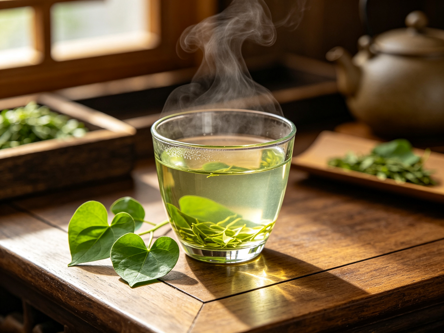 Glass cup of houttuynia cordata herbal tea with fresh green leaves on a wooden table