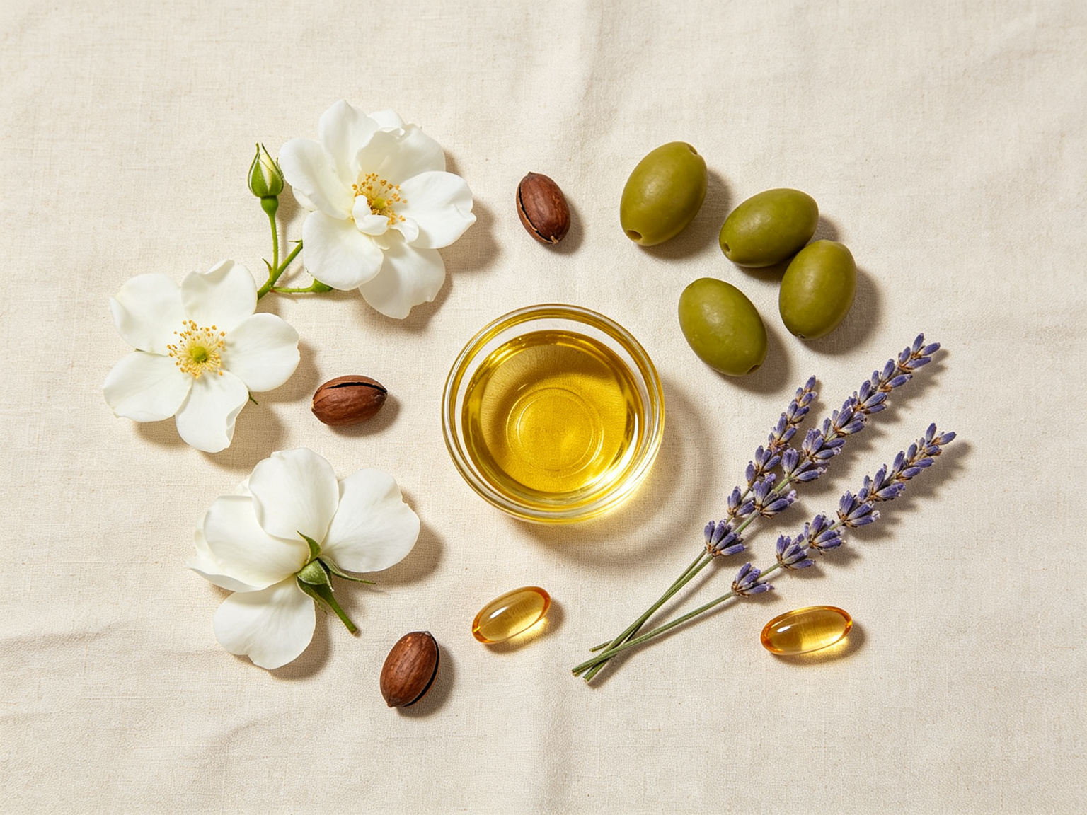 Camellia flowers, camellia oil, olives and lavender arranged on linen for a natural cleansing oil