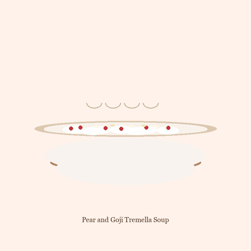 A ceramic bowl of tremella soup with pear, goji berries, lily bulb petals, and translucent white fungus, gently steaming