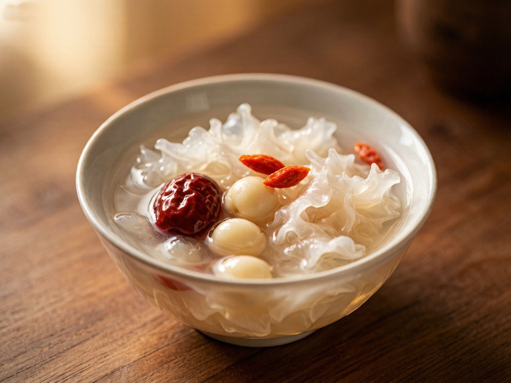 Bowl of tremella soup with red dates, a cozy autumn equinox wellness tonic