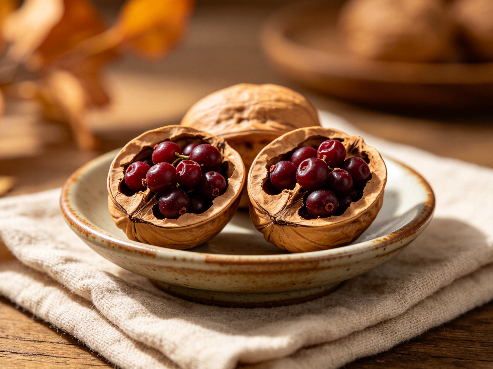 Two cracked walnuts filled with dark red schisandra berries on a small ceramic dish