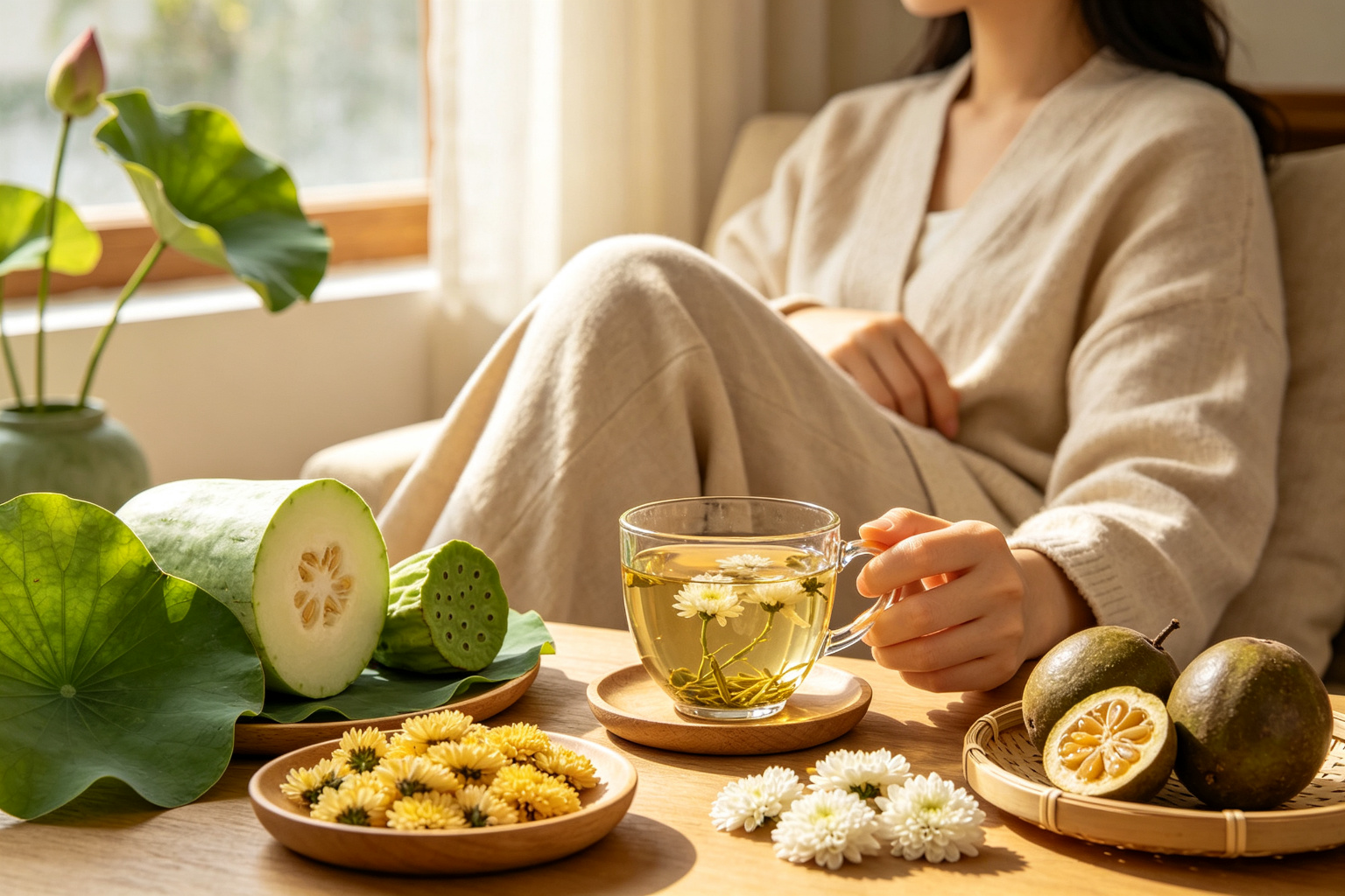 Person enjoying herbal tea at home surrounded by natural wellness ingredients