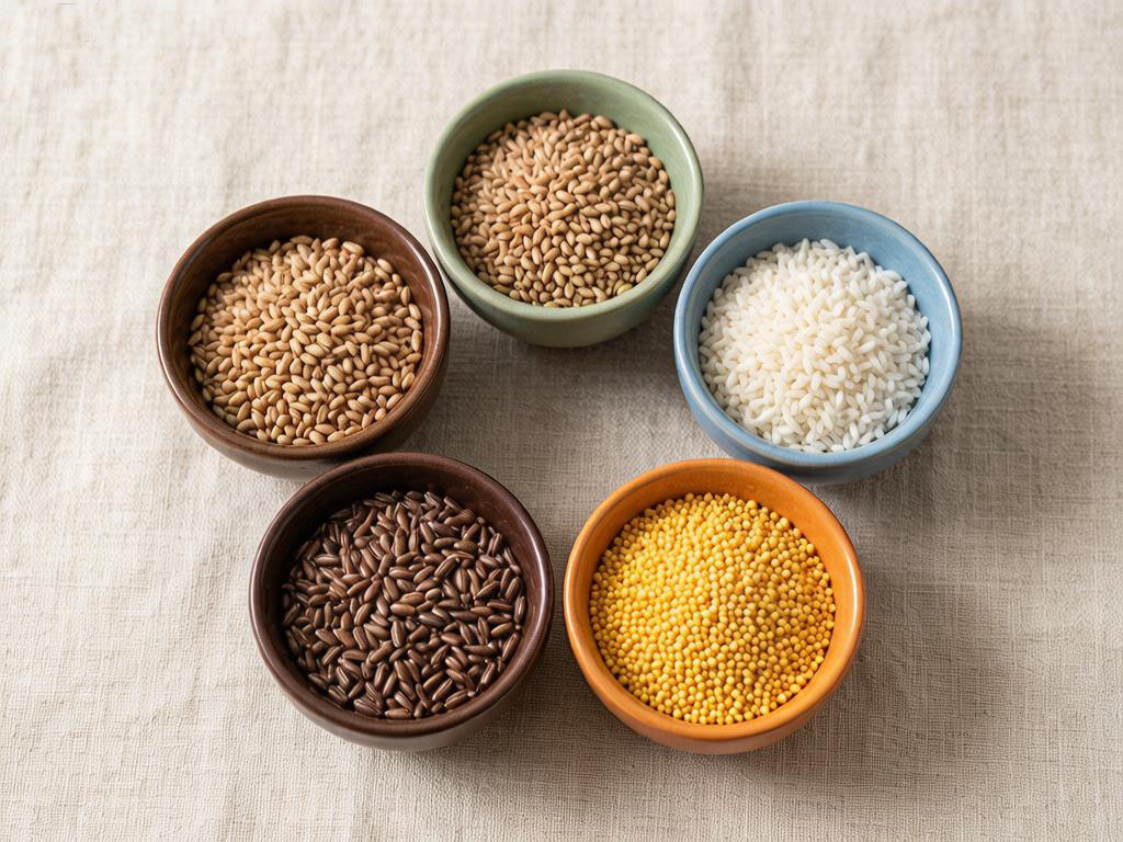 Side by side comparison of polished white rice versus colorful ancient whole grains including red beans, barley, millet and black rice in ceramic bowls