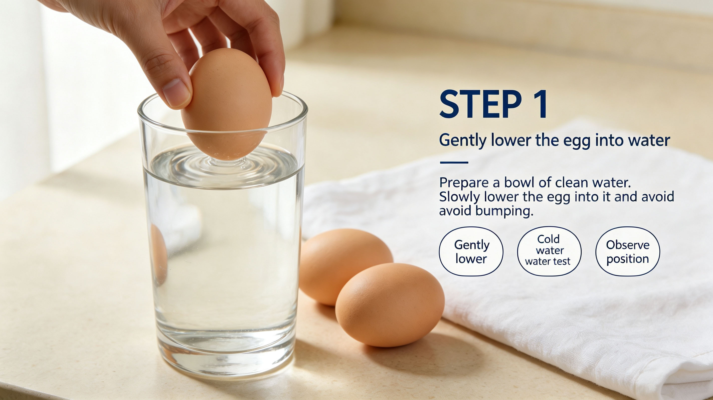 Egg water test results: fresh egg lying flat on the bottom, older egg tilted and standing upright, spoiled egg floating on the surface