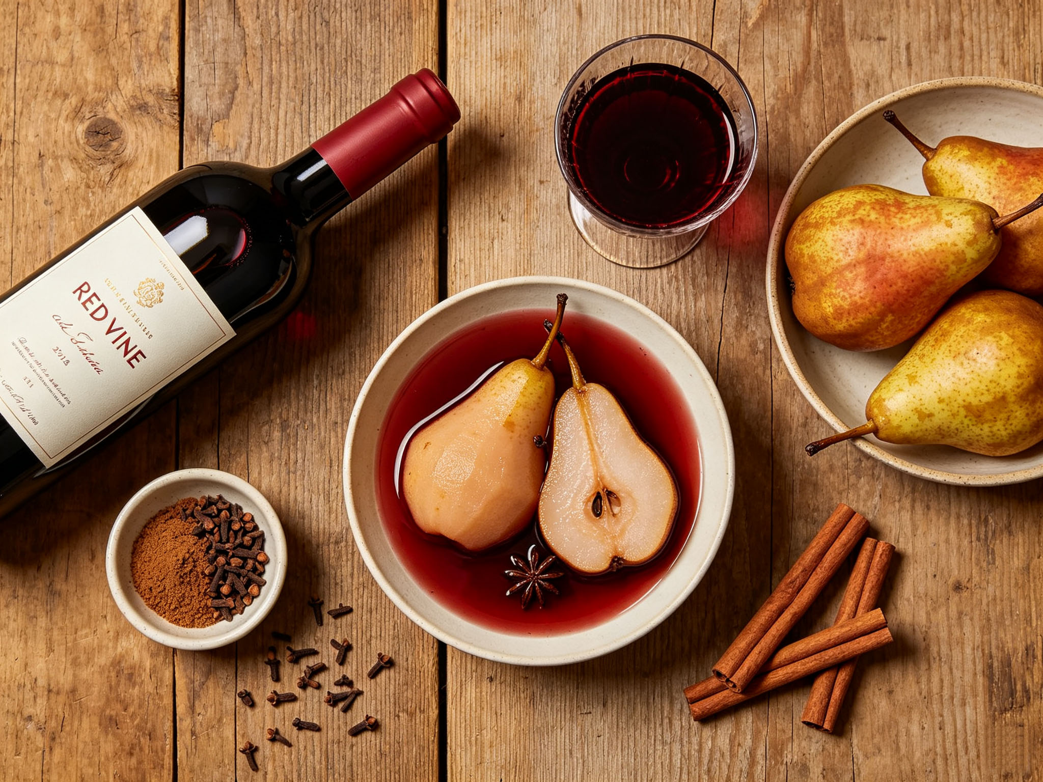 Flat lay of red wine poached pear ingredients — fresh pears, a bottle of red wine, ground cloves and cinnamon sticks