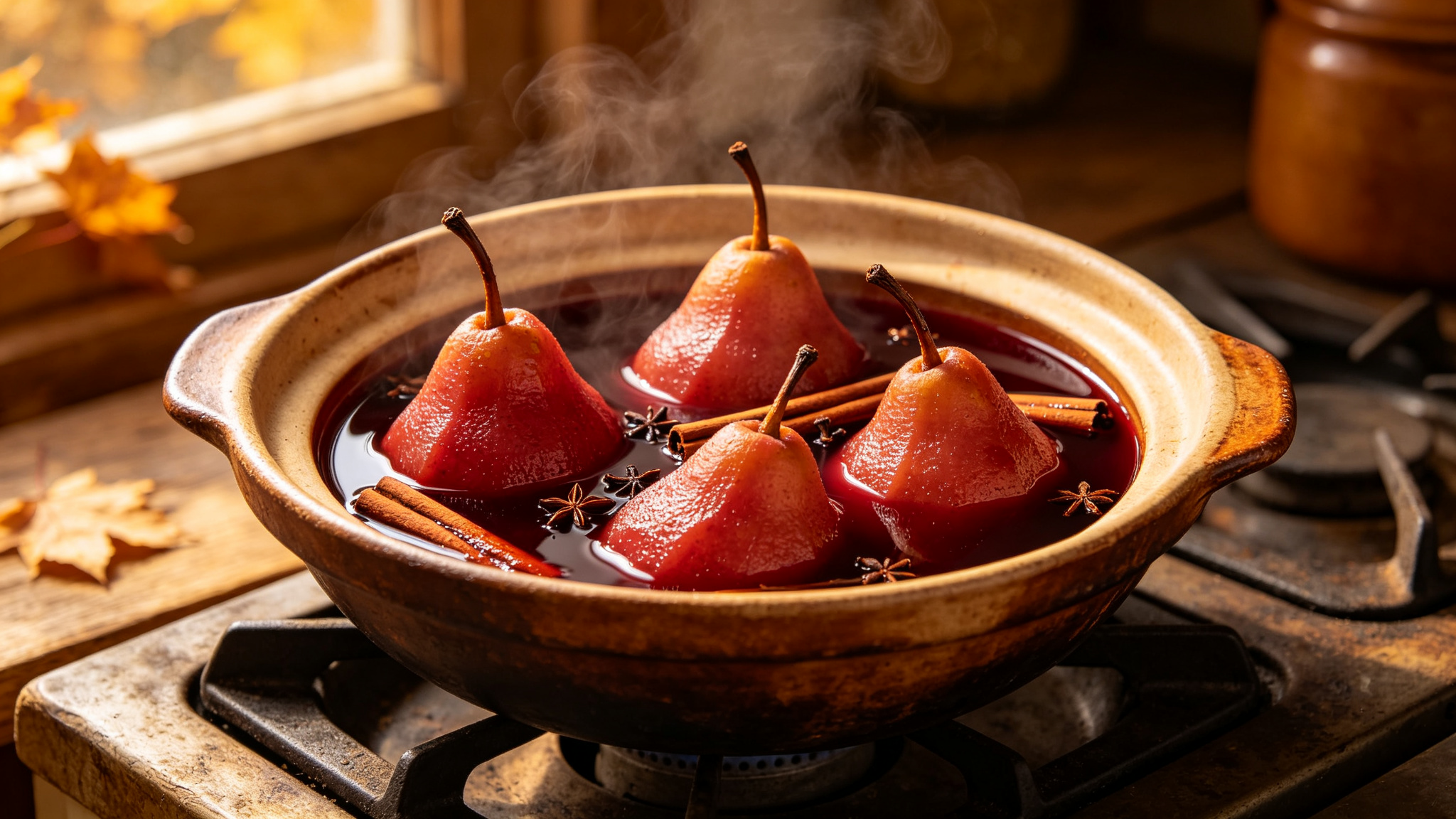 Red wine poached pears simmering in a rustic pot with cloves and cinnamon, warm autumn light