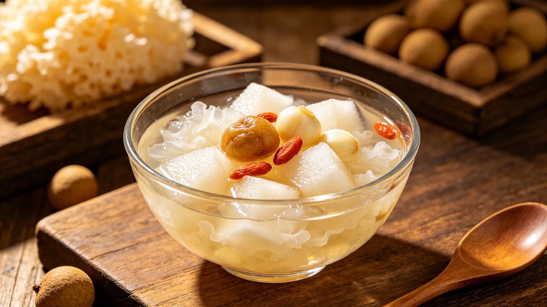 Glass bowl of longan lily pear tremella sweet soup with goji berries, warm golden light