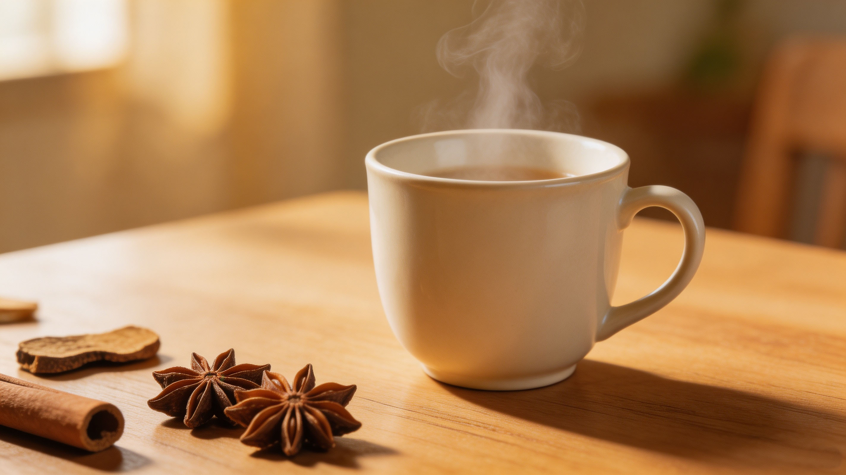 A warm cup of licorice star anise tea with star anise pods and licorice root beside it