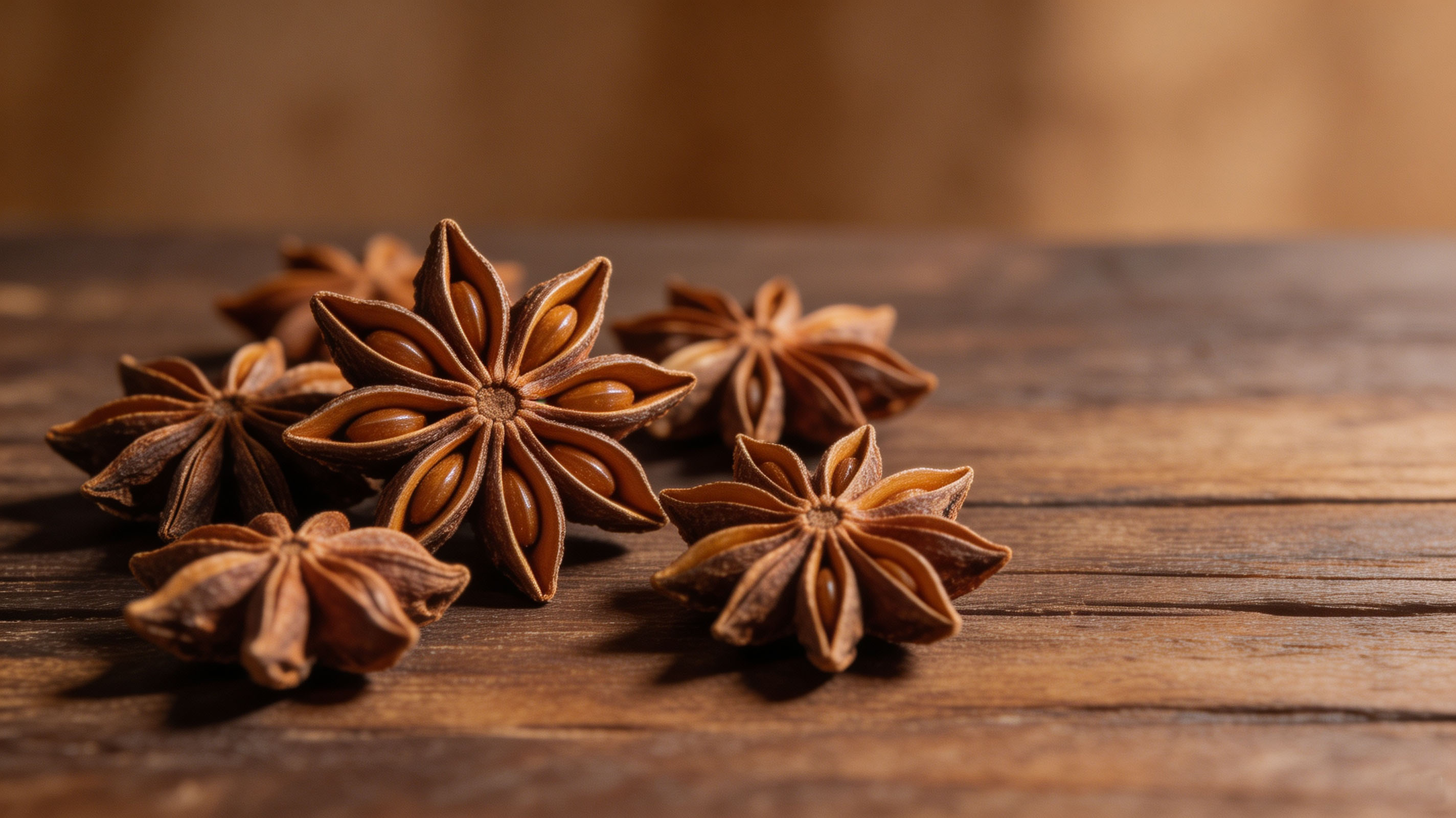 Close-up of dried star anise pods, the star-shaped brown spice