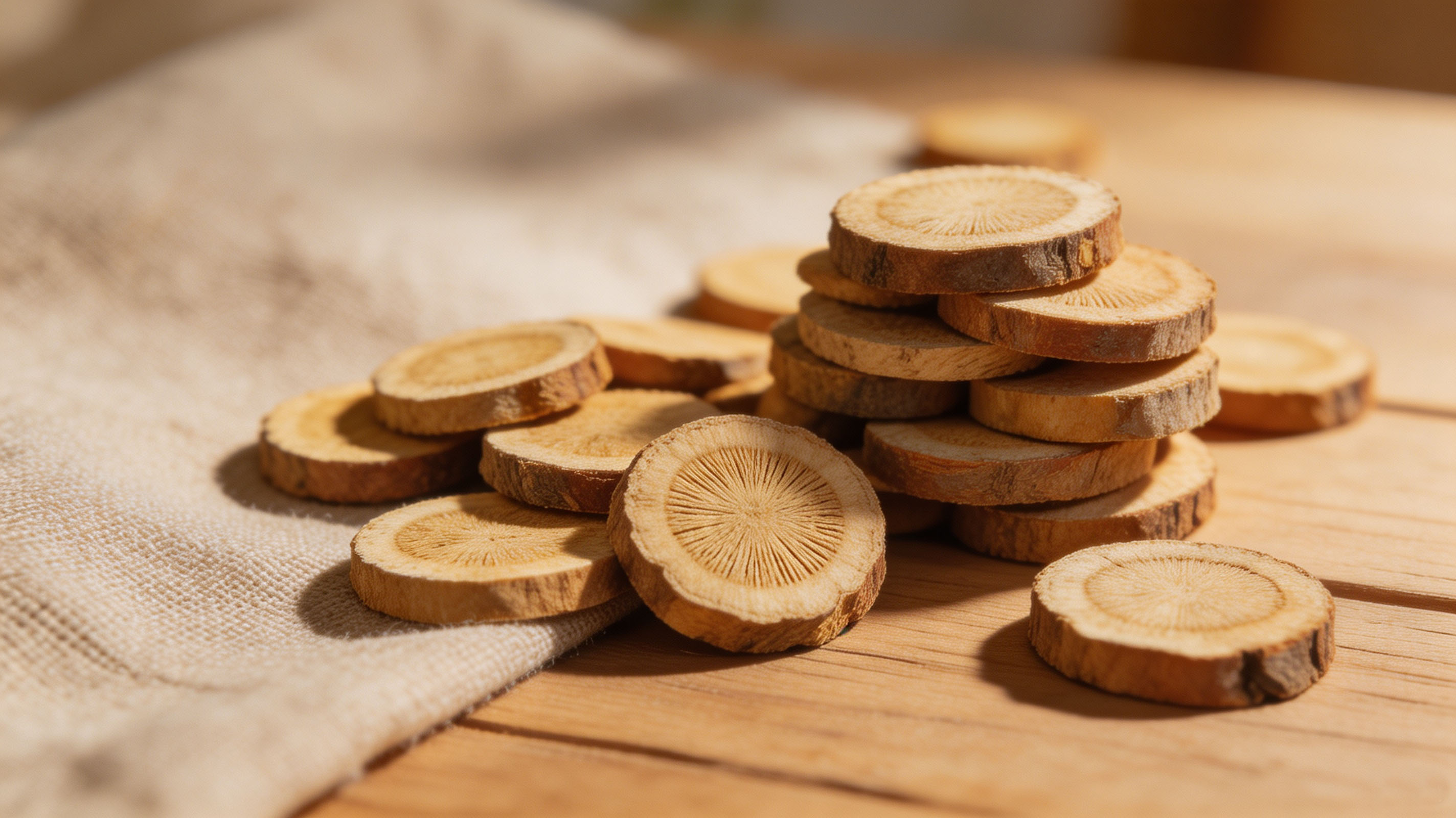 Dried licorice root slices, yellowish-brown herbal pieces